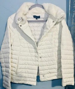 Talbots Down Puffer Jacket SzSm Ivory Faux Fur Collar Outdoor Winter Button Frnt - Picture 1 of 14