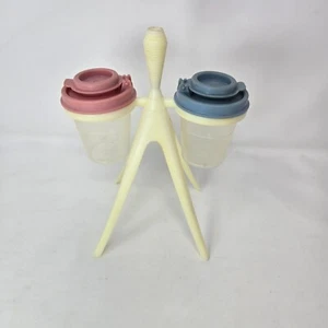 Tupperware Atomic Salt & Pepper Shakers & Stand Toothpick Caddy Red Blue Seals - Picture 1 of 22