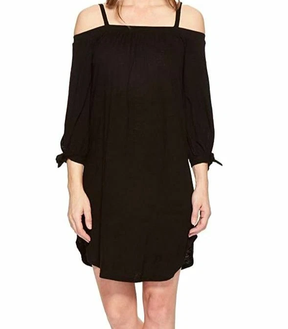 $203 Three Dots Women's Black Solid Eco Knit 3/4 Sleeve Cold Shoulder Dress Sz S - Image 1 of 1