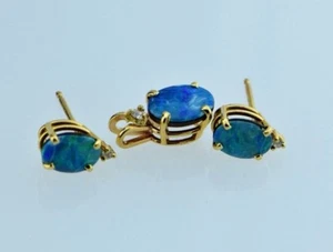 14K Yellow Gold Pendant & Earring 3 Piece set with Opal Triplet and Diamonds - Picture 1 of 8