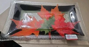 Peggy Karr Fused Glass Rectangle Plate 9.5x5.5" Fall Autumn Leaf Leaves Signed - Picture 1 of 4