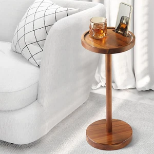 Pedestal Side Table, Acacia Drink Table with Weighted Base, Small round Side Tab - Picture 1 of 12