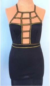 NWT Womens Baluoke Black Dress w/ Gold Metallic Ribbon Straps Bodycon Short XS - Picture 1 of 7