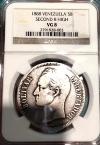 VENEZUELA   1888-  5 BOLIVARES  (Variety : Second  8 High) - F8  NGC - Picture 1 of 3