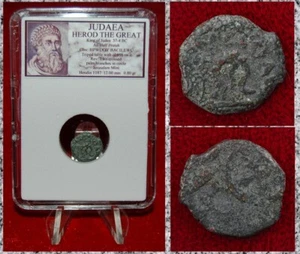 Moneda Antigua Judea HERODES EL GRANDE Trípode Palma Cruzada Jerusalén Medio Prutah - Imagen 1 de 4