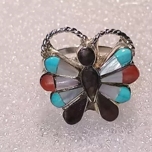 925 Sterling Silver P.W. Zuni Multi Stone Butterfly Ring Sz 5.5 - Picture 1 of 12