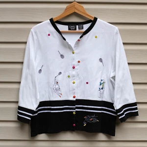 Cárdigan De Colección Raro Christina Rotelli Para Mujer L Tenis Bordado Algodón Rayas - Imagen 1 de 11