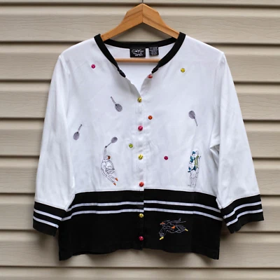 Cárdigan De Colección Raro Christina Rotelli Para Mujer L Tenis Bordado Algodón Rayas Foto 1 de 4