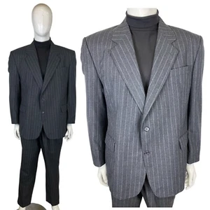 Vintage Craie Rayure Laine Vierge Costume 46S 40/30 XL Gris Charbon Travail - Zdjęcie 1 z 17