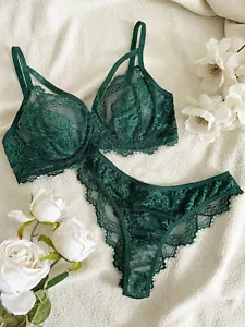 Women's Fancy Lace Strapping Underwire Bra & Brazilian Panties lingerie set - Picture 1 of 24