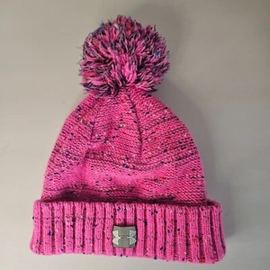 Under Armour YOUTH Beanie Hat Pink Pom Logo on Cuff OSFA Lined Girls Barbie Ski - Picture 1 of 5