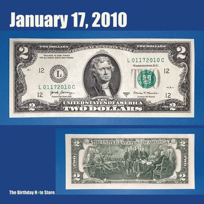 January 17, 2010 Birthday Anniversary $2 Two Dollar Bill Serial Number 01172010 - Image 1 of 2