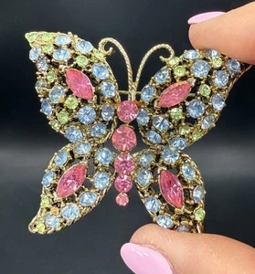 Vintage Butterfly Large Pin Brooch Pink Blue Green Rhinestones Gold Tone - Picture 1 of 9