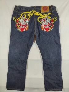 Pantalones de mezclilla de colección Ed Hardy por Christian Audigier para hombre 42x40 Geisha Devil bordados azules - Imagen 1 de 11