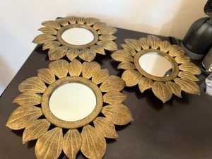 Sunflower MIRRORS WALL ART Decor Metal Gold Black -7” Set~3 - Picture 1 of 8