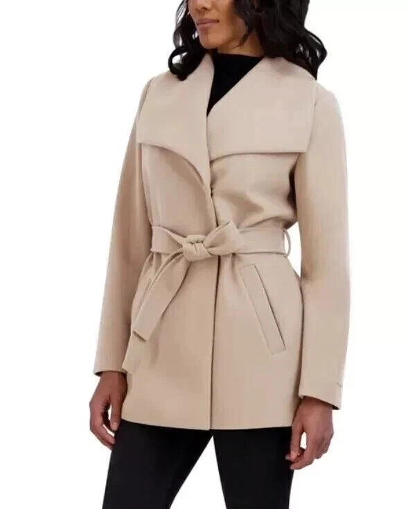 Tahari Womens Coat Wrap Faux Wool Water-Resistant Pockets Tie Belt Cream S