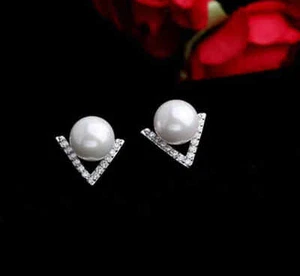 925 Sterling Silver Needle White Pearl Stud Earrings Women Jewelry "Stunning"  - Picture 1 of 3