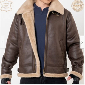 100% sheepskin Brown Bomber US Navy Flight RAF shearling Aviator Pilot Jacket - Picture 1 of 4