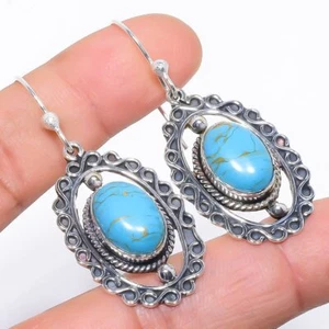 Copper Blue Turquoise Ethnic Gemstone 925 Sterling Silver Earring 2.0" v432 - Picture 1 of 7