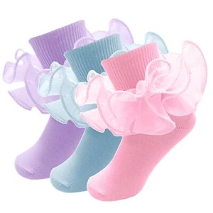 3 Pairs Girls Ruffle SocksDouble Lace Socks Frilly Socks Cotton Dress Socks T... - Picture 1 of 9