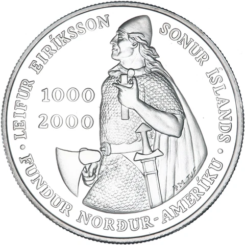 2000 P Leif Ericson Proof 90% Silver 1000 Kronur Iceland See Pics W437 Cover