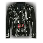 Handmade Men's Black Full Silver Studded Brando Zipper Suede Leather Jacket