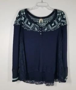 We The Free M+M Blue Oversized High Low Lace Waffle Shirt Sweater Womens Size M - Picture 1 of 6