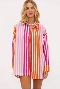 Beach Riot Oversize Gestreiftes Button Down Hemd Rosa Orange Baumwolle S/M Cover Up - Bild 1 von 9