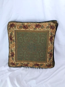 Vintage geflochtener Rand Gobelin Kissen 16" Blumen Schnörkel Gold Grün Burgund - Bild 1 von 6