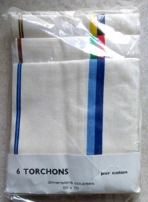 LOT 6 TORCHONS ANCIENS RAYES PUR COTON  NEUFS. non déballés. - Photo 1/2