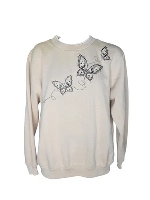 Y2K Cream Pullover Crewneck Medium Sweatshirt w/ Black Butterfly Embroidery VTG - Image 1 of 4