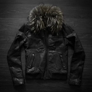 Sheepskin Leather Jacket with Fur Collar | Genuine Sheepskin Bomber Jacket coat - Picture 1 of 5