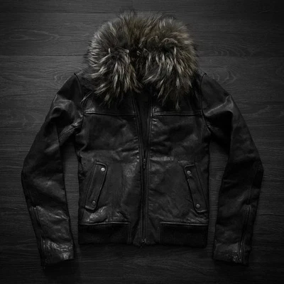 Sheepskin Leather Jacket with Fur Collar | Genuine Sheepskin Bomber Jacket coat - Image 1 of 4