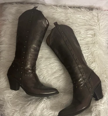 Vintage 90s Barneys New York Brown Leather Pointed Toe Western Boots Italy 7.5/8 - Image 1 of 4