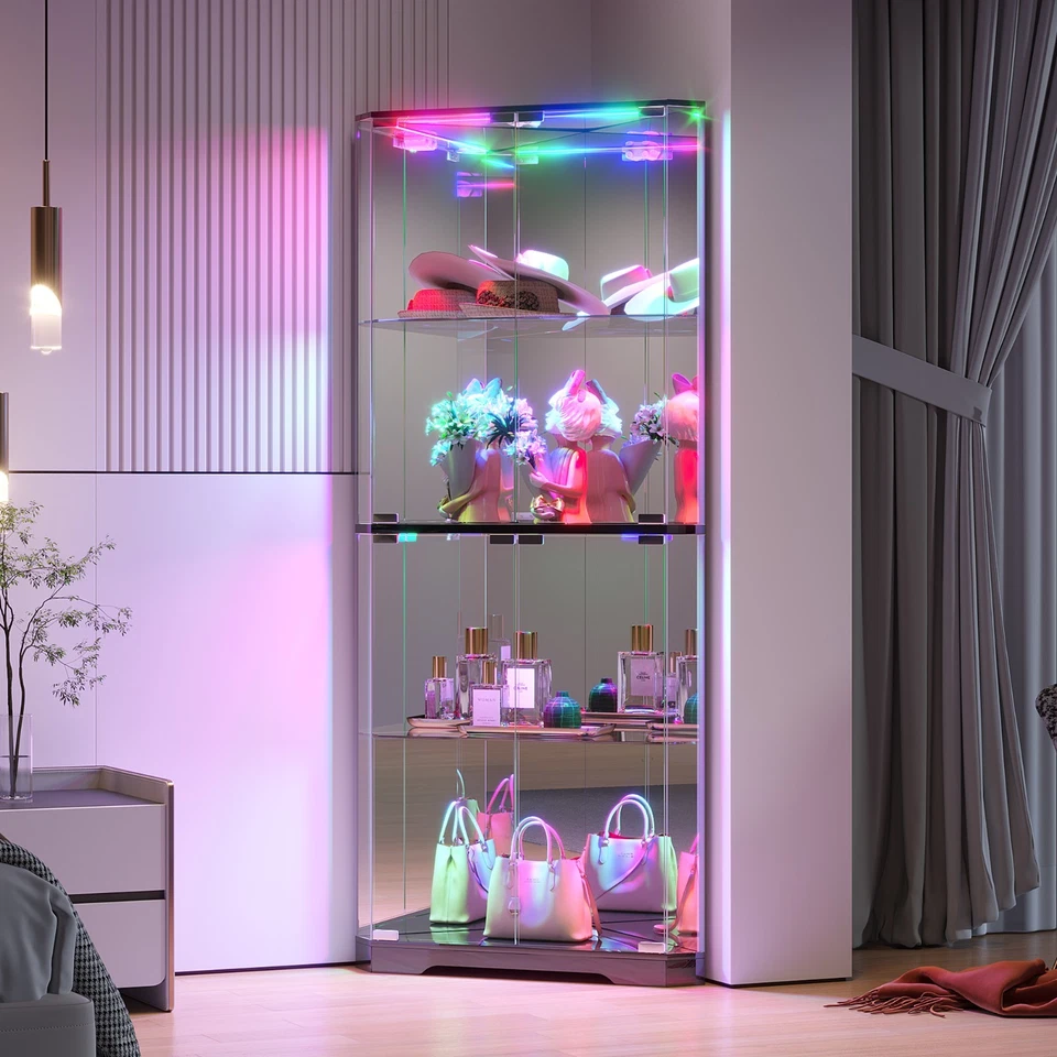 Corner Display Cabinet with Glass Doors, 4 Tier Corner Shelf with RGB  Lights - Image 1 of 1