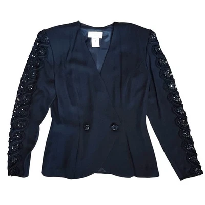 Jessica McClintock Women’s Sz 6 Vintage Black Sequin Lace Sleeve 90s Blazer - Image 1 of 4