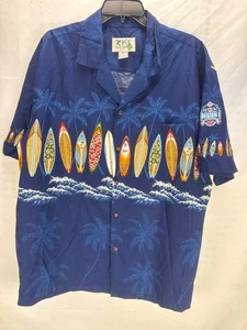 KY's Hawaiian Shirt Surfboards Palm Trees US Youth Soccer Men’s XL Blue - Picture 1 of 8