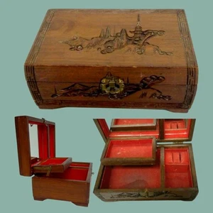 VTG Hand-Carved Wooden Jewelry Trinket Box Footed Red Velvet Interior W/ Mirror - Picture 1 of 9