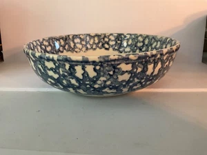 Vintage Country hellbraun blau Schwammgeschirr Spritzgeschirr Servierschüssel 9" - Bild 1 von 4