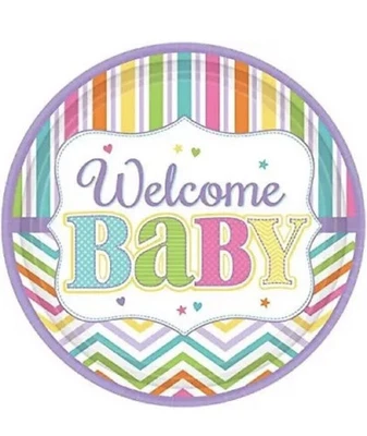 Platos de postre de papel Baby Brights Chevron Stripes modernos para fiesta de baby shower de 7" 18 Foto 1 de 3