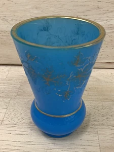 BOHEMIAN GLASS VASE Blue Opaline Alabaster French Gold Stencil ANTIQUE - Picture 1 of 11