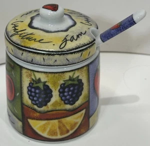 Jelly Jam Condiment Jar w/Spoon VTG MSC Joie de Vivre Fruit Strawberry Cherries - Picture 1 of 12