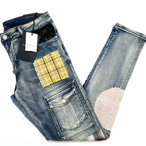 Embellish Premium Men's Blue Design Patchwork Distressed Skinny Fit Denim Jeans - Picture 1 of 9