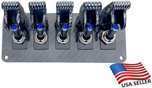 5 Hole Real Carbon Fiber Panel w/ 5 BLUE LED Toggle Switches and Carbon Covers - Picture 1 of 6