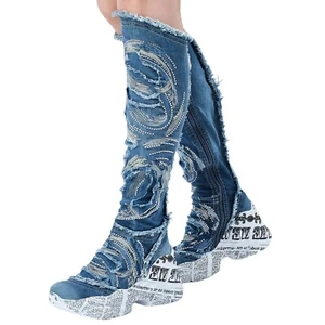 Denim Boots Shoes, Platform Boots, Handmade Women's Shoes / Birthday Gift - Picture 1 of 11
