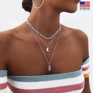 Fashion Women Necklace Three-Layered Moon Pink Pillar Crystal Stone Pendant 1403 - Picture 1 of 4