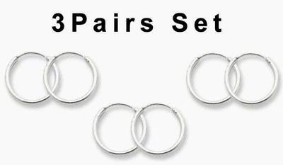 3pairs Set Small Continuous Hoop Earrings Silver 925 Best Deal Jewelry 1.5x8mm - Image 1 of 3