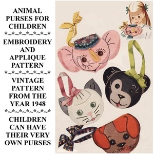 Purses For Children Vintage 1940s Sewing Pattern Cat, Dog, Bear And Elephant - Picture 1 of 7