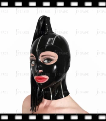 Máscara con capucha de látex con una sola serpentinas blancas y negras de 60 cm ropa de club personalizada A19 Foto 1 de 4