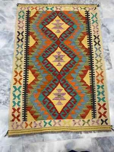 Afghanische Handarbeit Kelim Mehrfarbig Wolle Wohnzimmer Azteken Kelim Teppich 90x130cm - Bild 1 von 3
